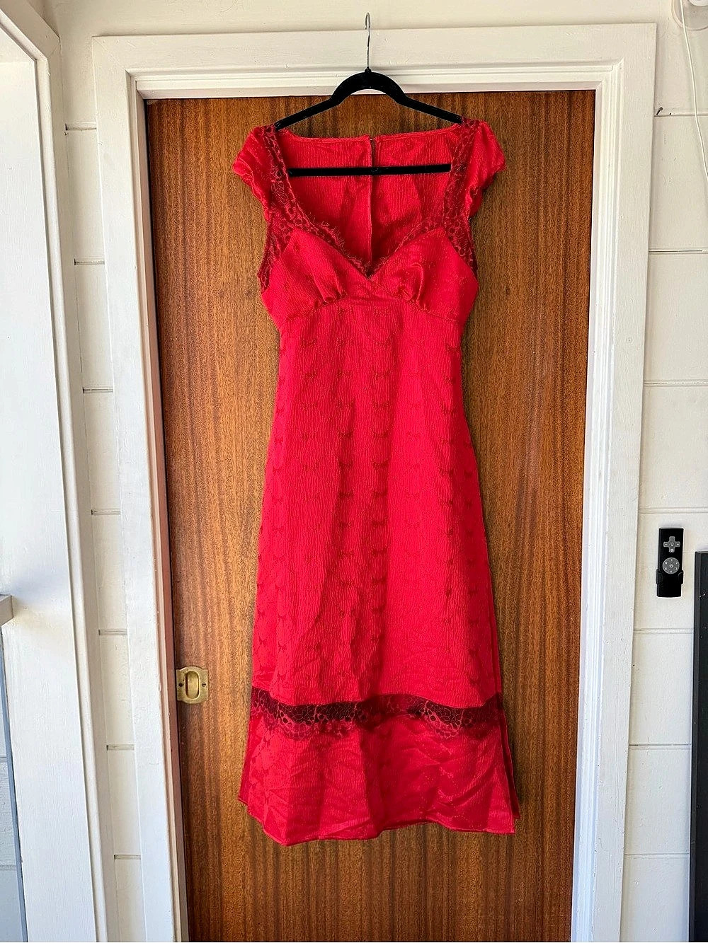 Free People Red Dahlia Combo Red Lace Cutout Midi Dress Size Small NWT